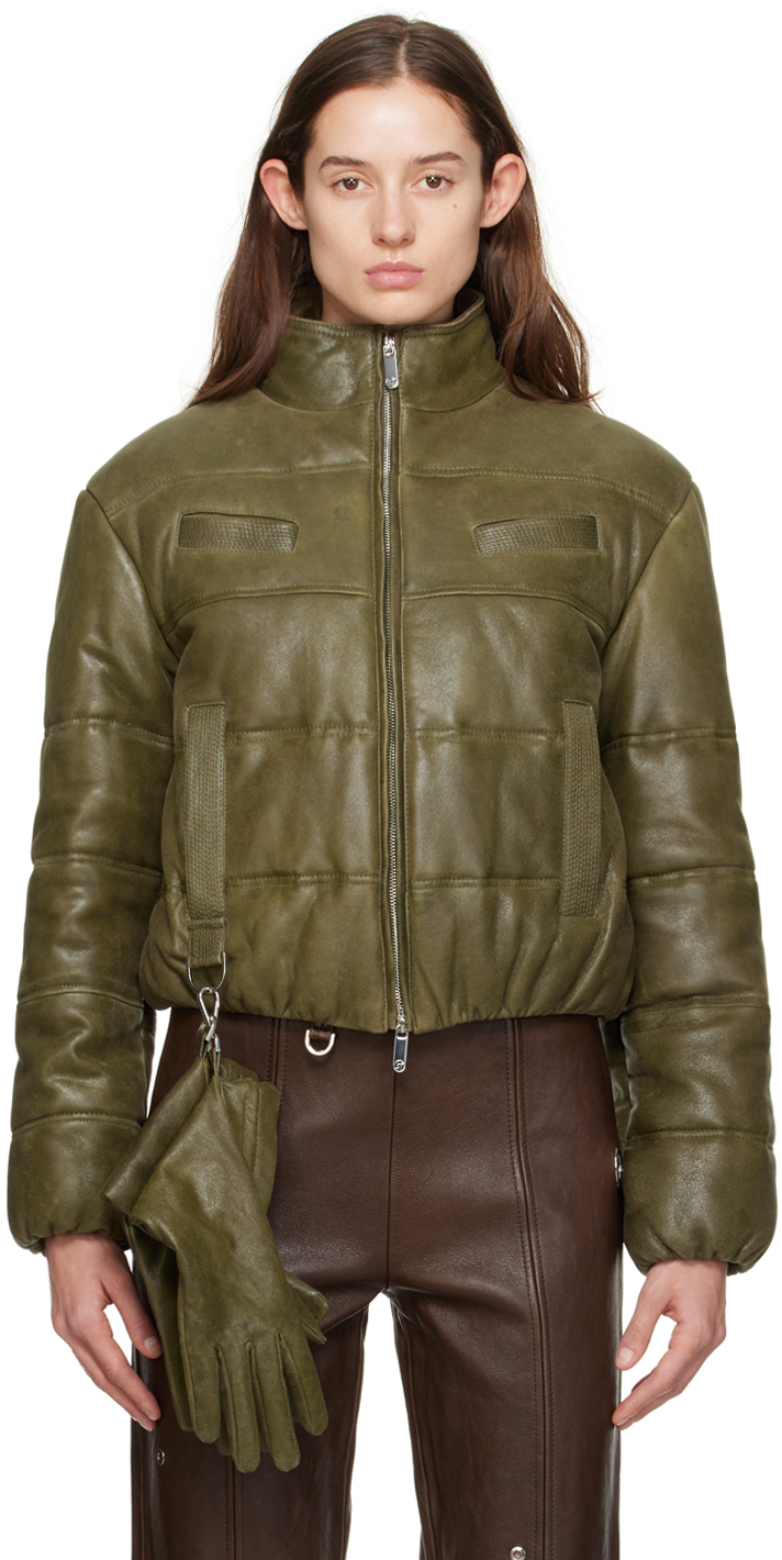 Saks Potts Khaki Franklin Leather Puffer Jacket & Gloves Set In Moss