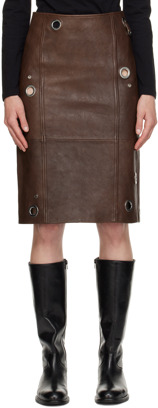 Saks Potts Brown Ania Leather Midi Skirt In Chestnut