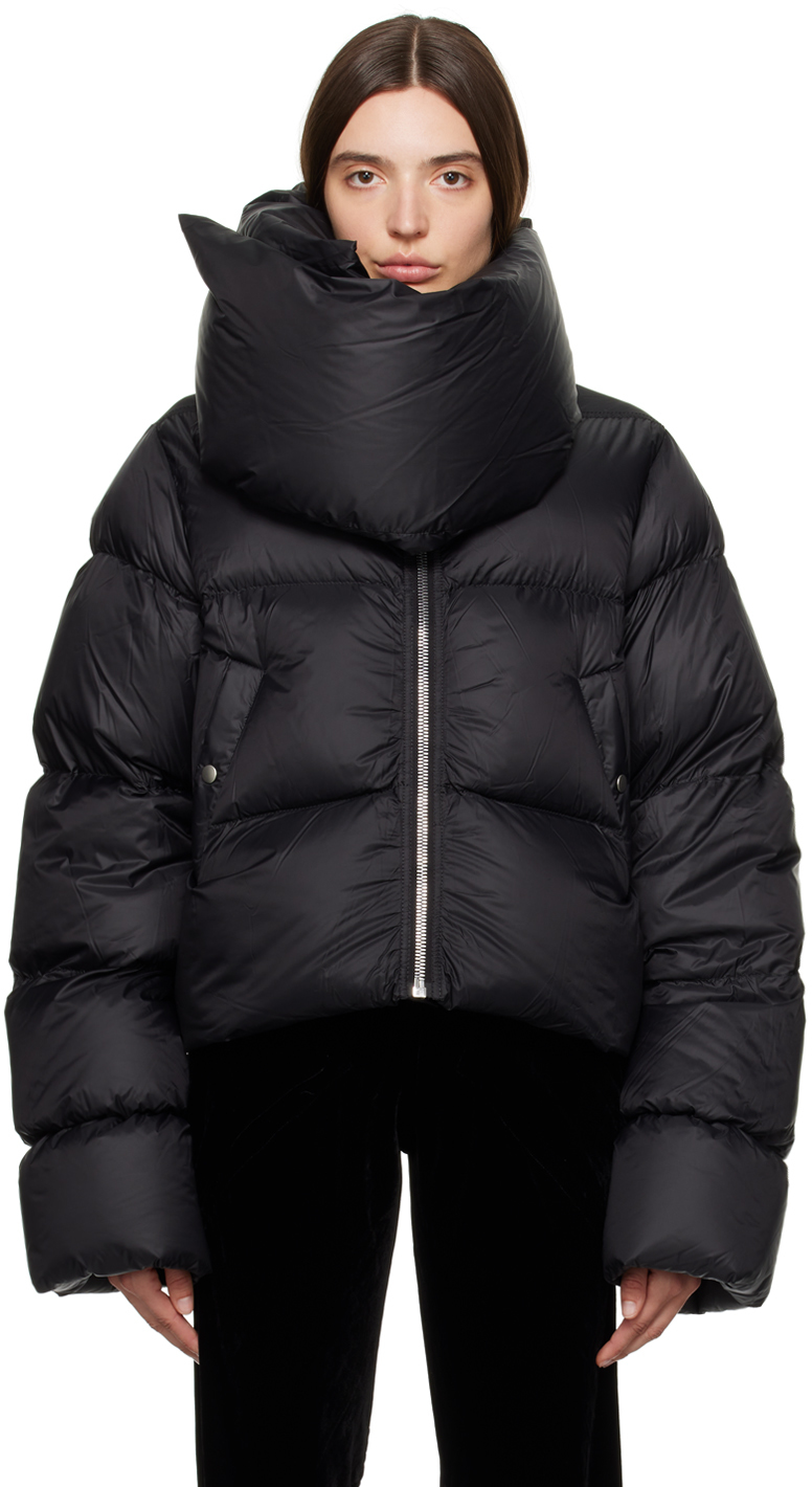 Black Funnel Neck Down Jacket by Rick Owens on Sale