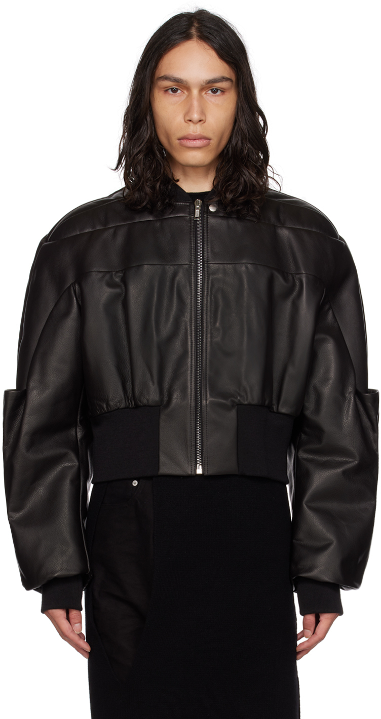 Black Girdered Leather Bomber Jacket by Rick Owens on Sale