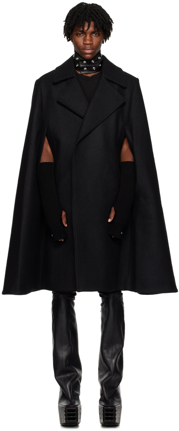 Black Slim Drella Coat by Rick Owens on Sale