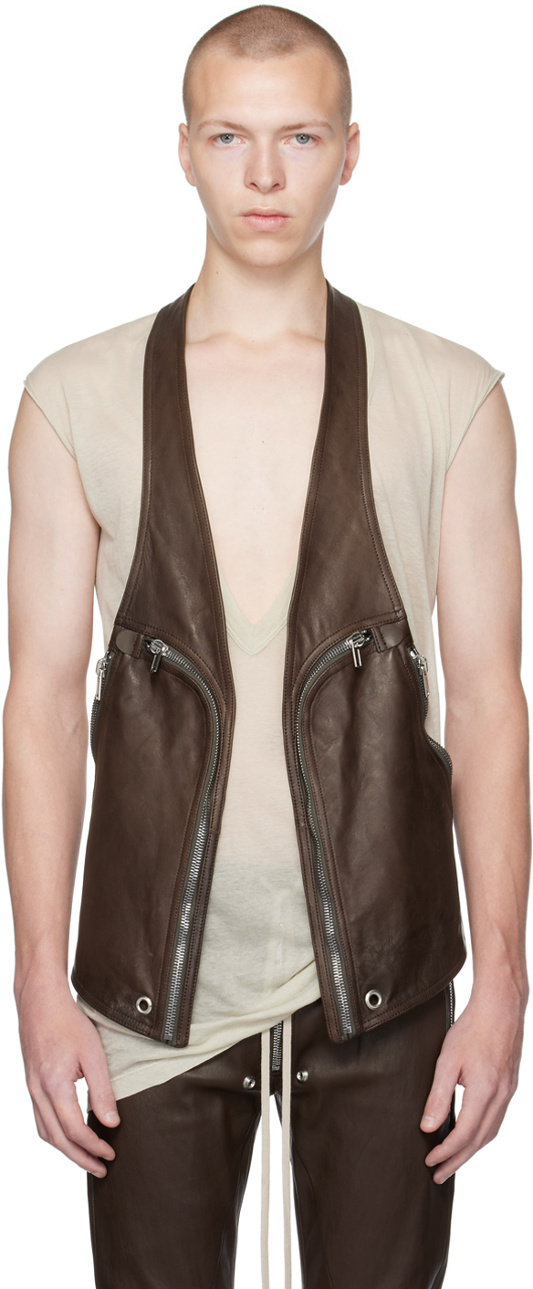 Rick Owens: ブラウン レザー Bauhaus ベスト SSENSE 日本