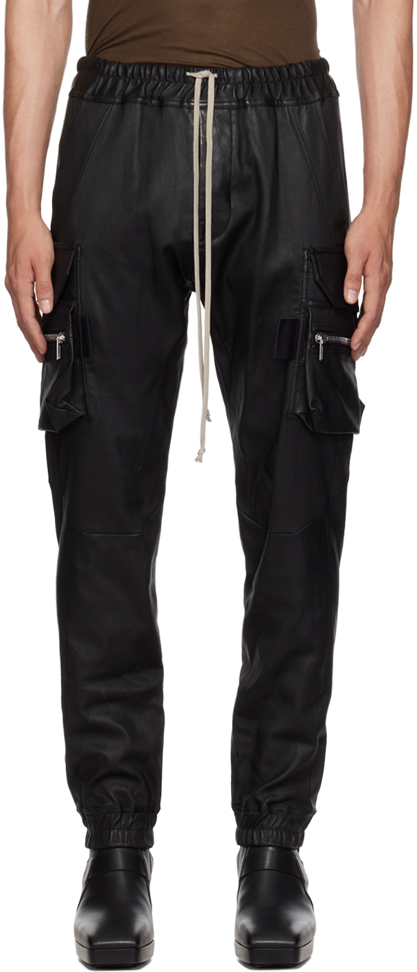 Rick Owens Black Mastodon Leather Cargo Trousers In 09 Black