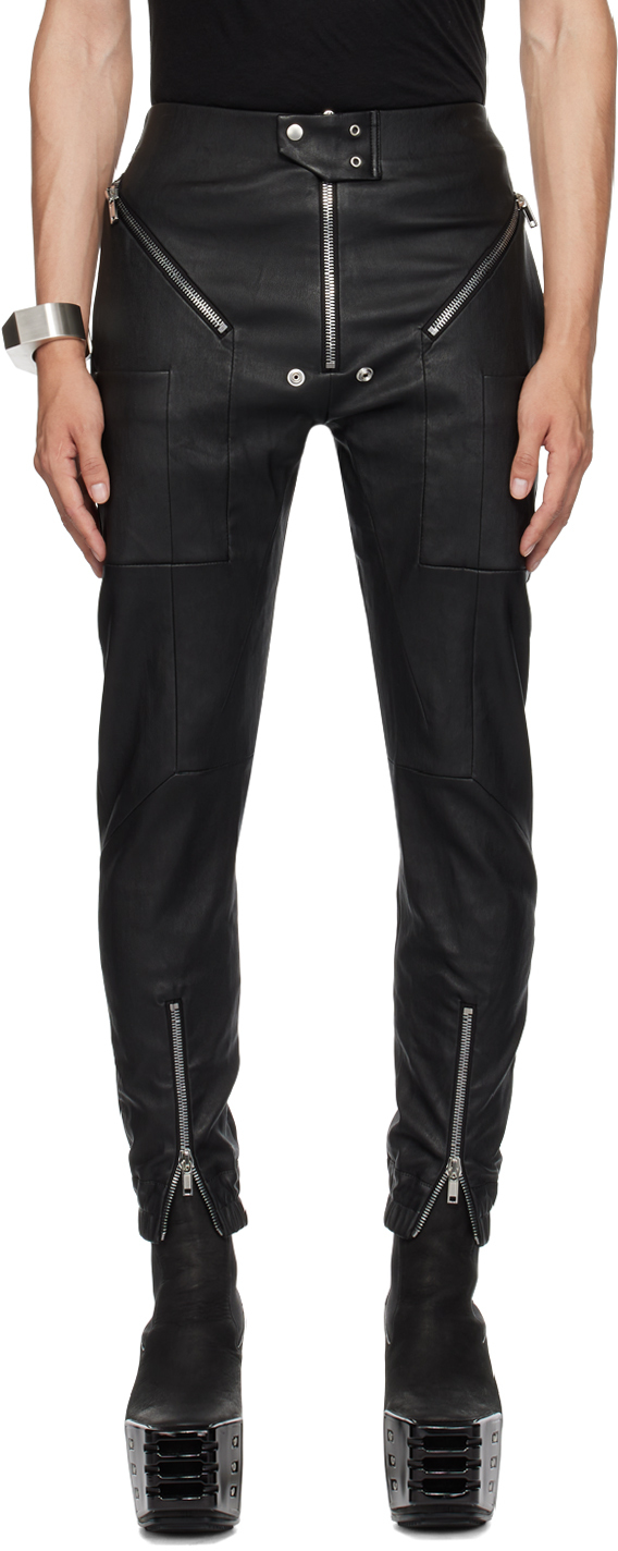 Black Easy Strobe Leather Pants by Rick Owens on Sale