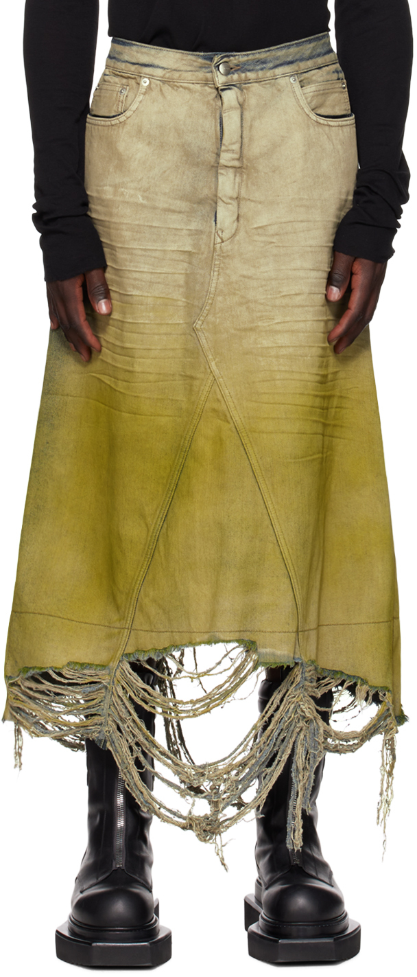 Rick Owens Off-white & Yellow Godet Denim Skirt In 0832d Pearl/acid Deg