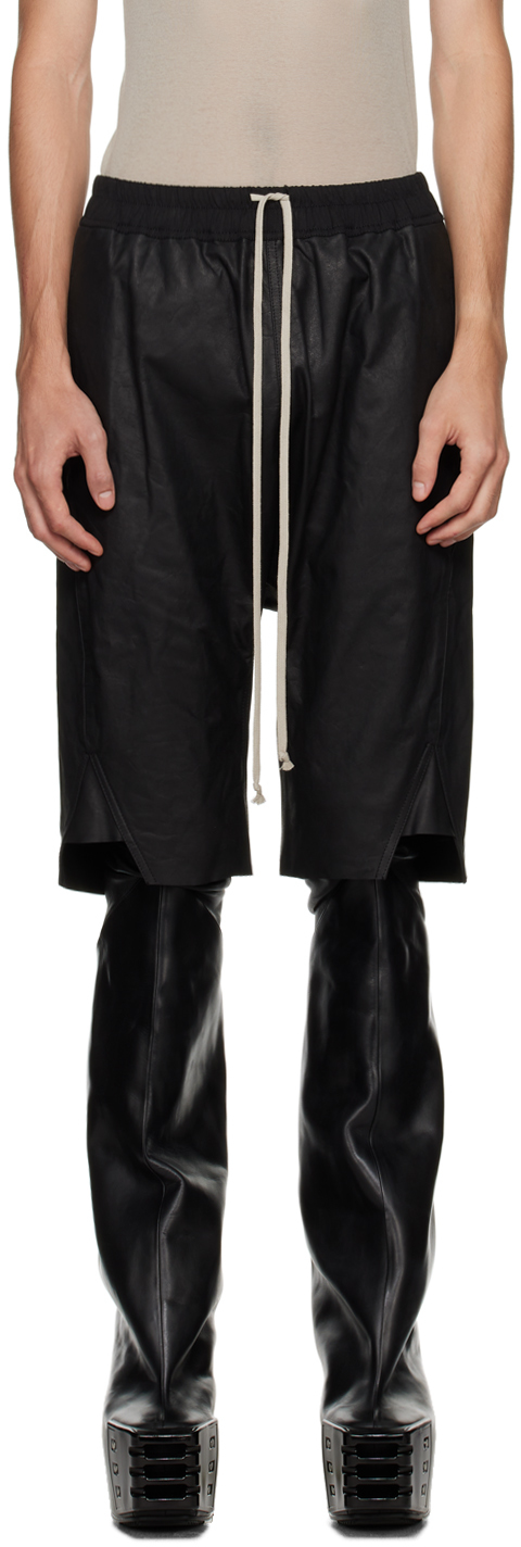 Black Basket Swinger Leather Shorts by Rick Owens on Sale