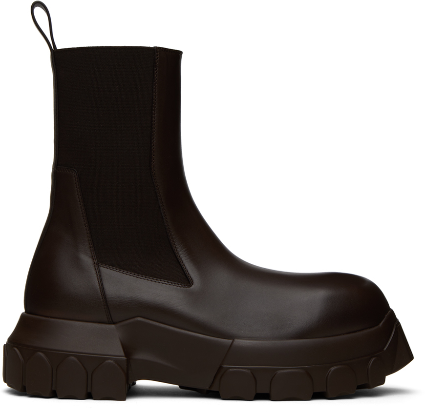 Brown Beatle Bozo Tractor Boots by Rick Owens on Sale