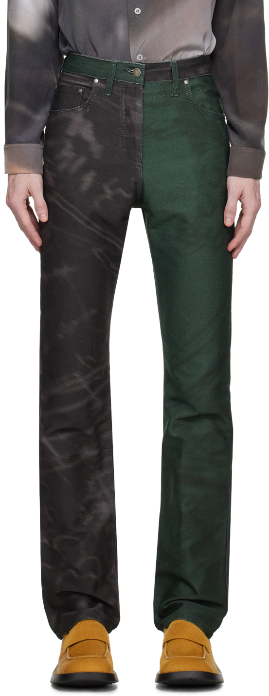 Shop Serapis Green & Black Paneled Jeans In Print
