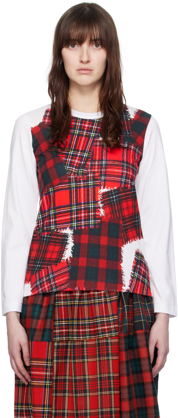 Tao Comme Des Garçons White Check Long Sleeve T-shirt In 1 White/red