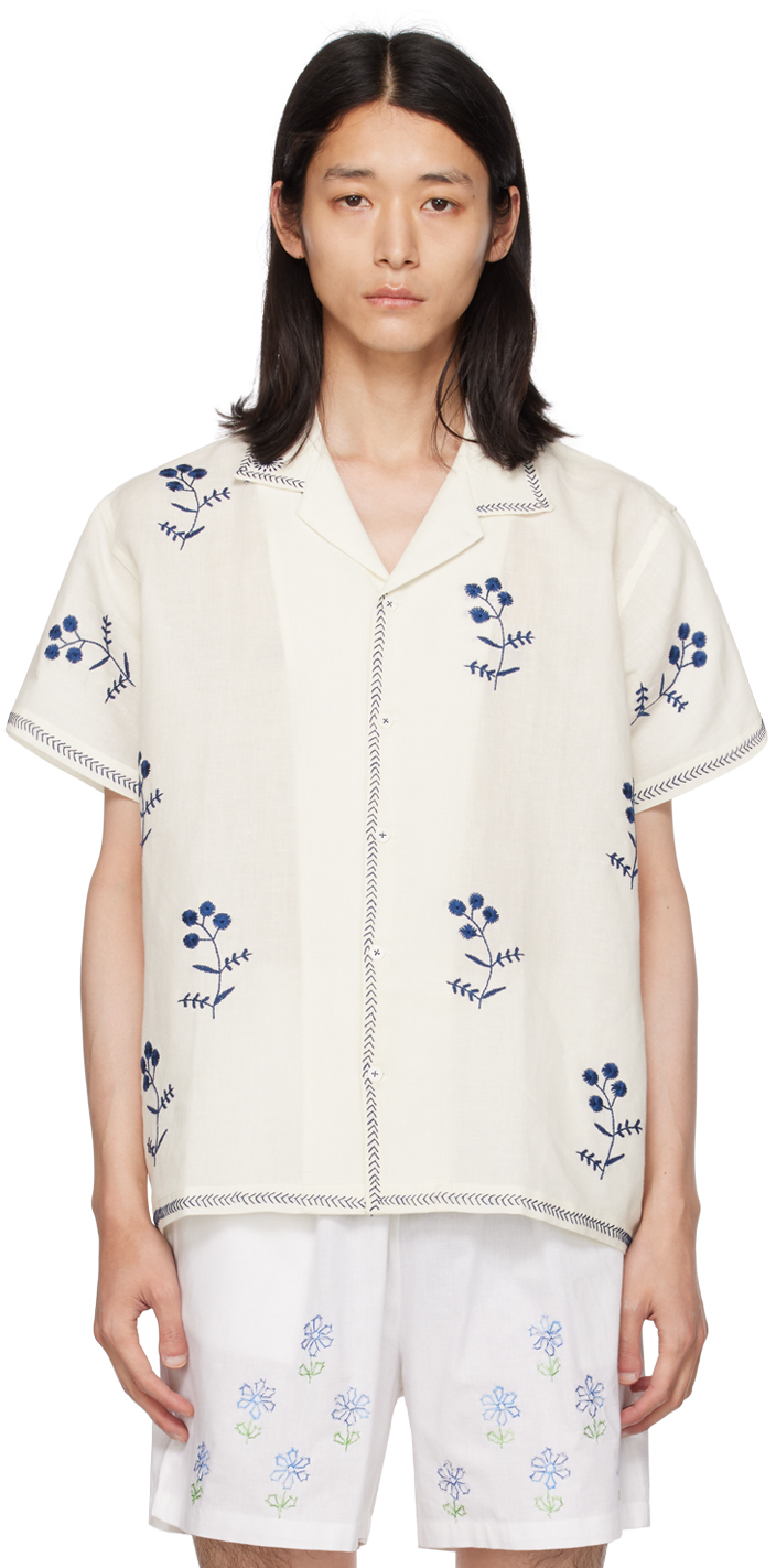 Harago Floral-embroidered Linen Shirt In Off-white