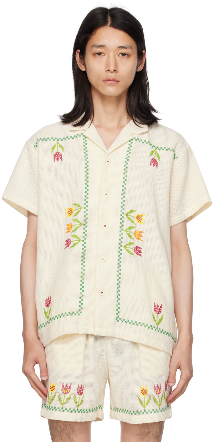 Harago Floral-embroidery Cotton Cross-stitched Shirt In Off-white