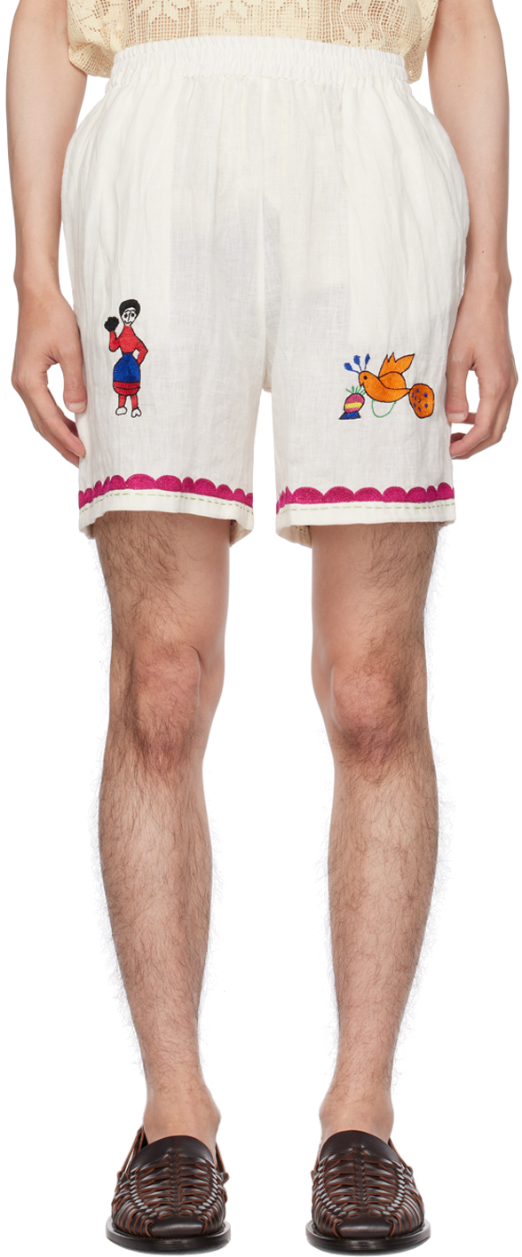 Shop Harago Off-white Embroidered Shorts