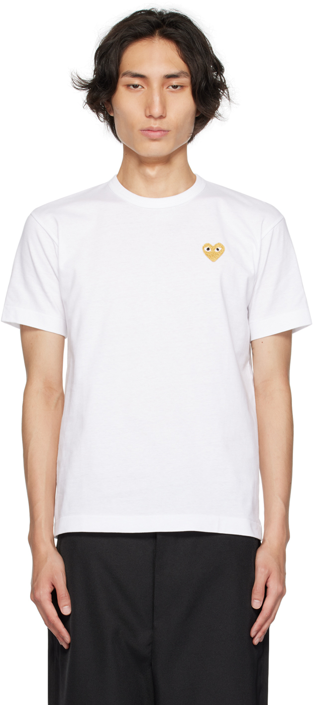 Comme Des Garçons Play White & Gold Heart Patch T-shirt In 4 White