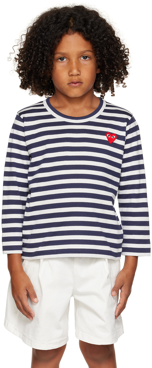 Comme Des Garçons Play Kids Navy & White Heart Patch Long Sleeve T-shirt In 1â -â Navy/white