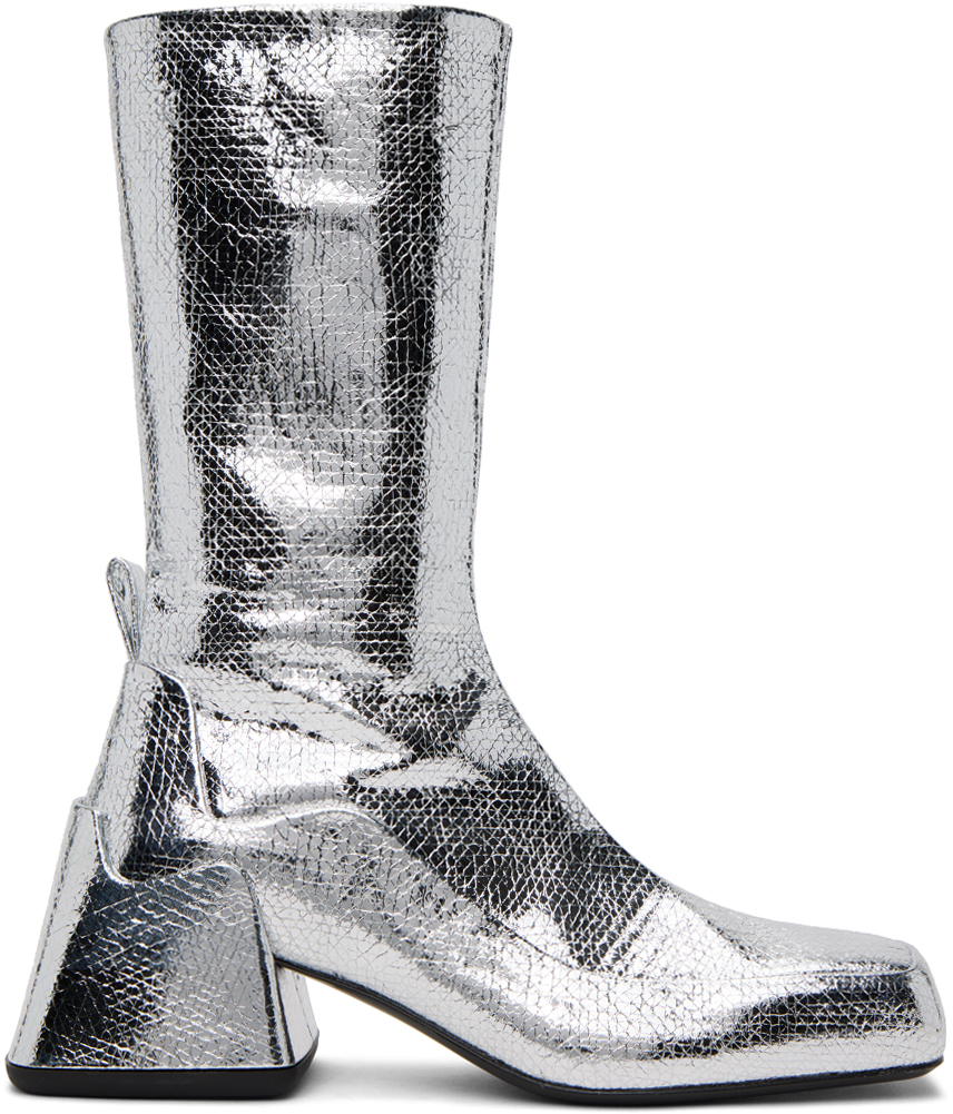 Jil Sander Bottes argent es en cuir de veau lam et craquel