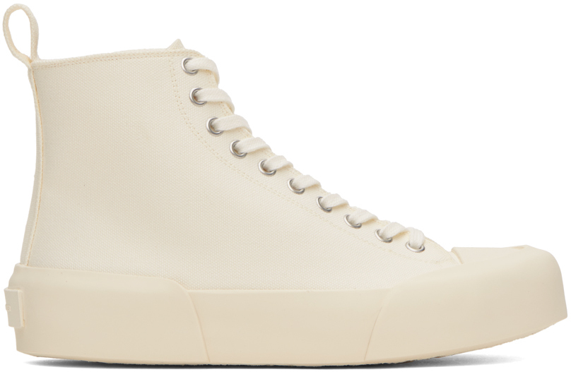 【関税込み】Jil Sander オフホワイト ハイカットスニーカー Jil Sanderのオフホワイト キャップトゥ ハイカットスニーカーが