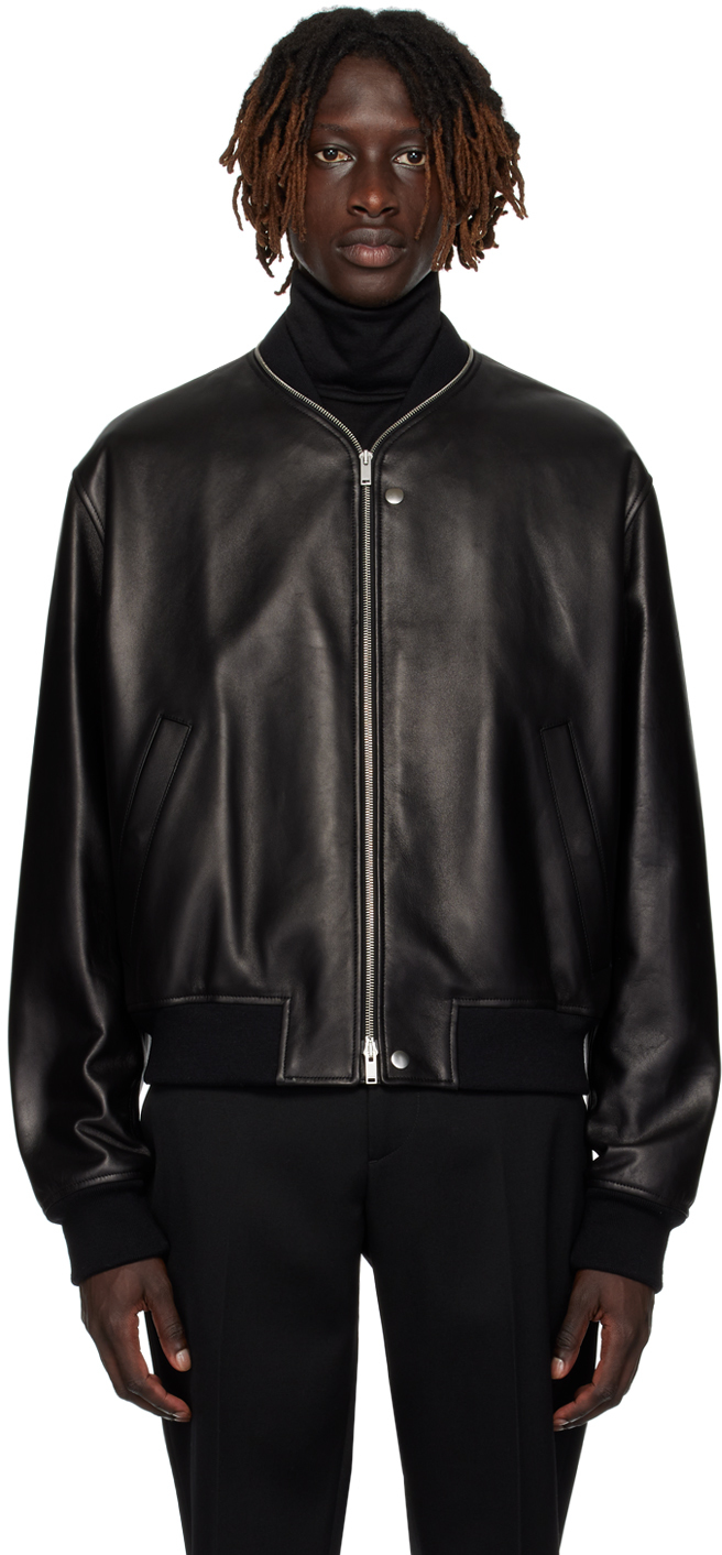 Leather Zip-up Bomber Jacket In Black