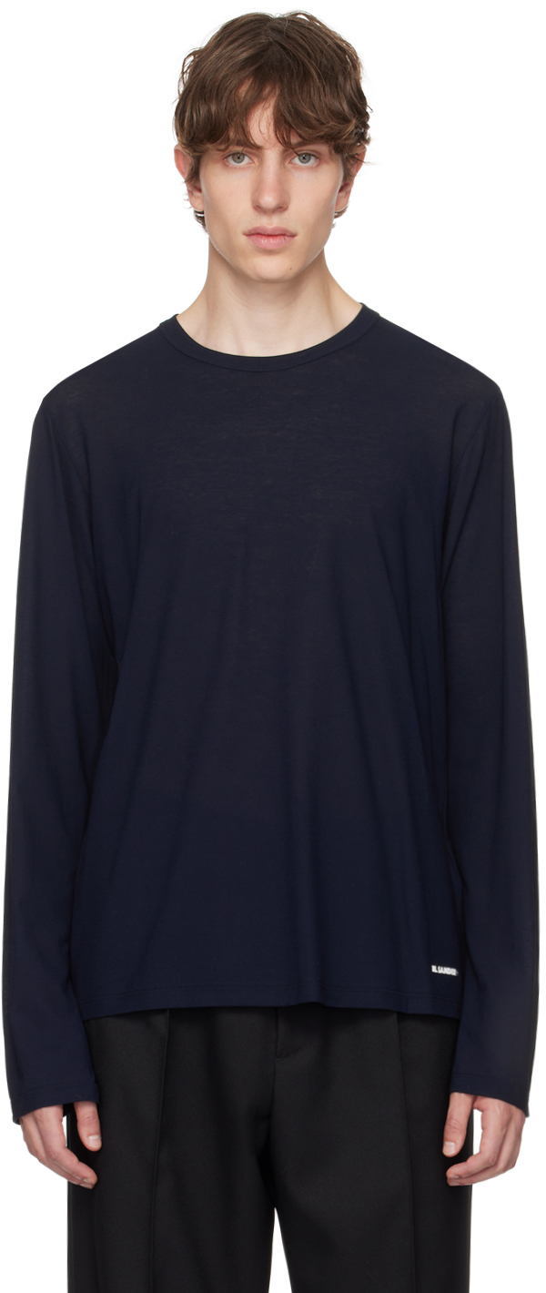 Jil Sander: Navy Printed Long Sleeve T-Shirt | SSENSE