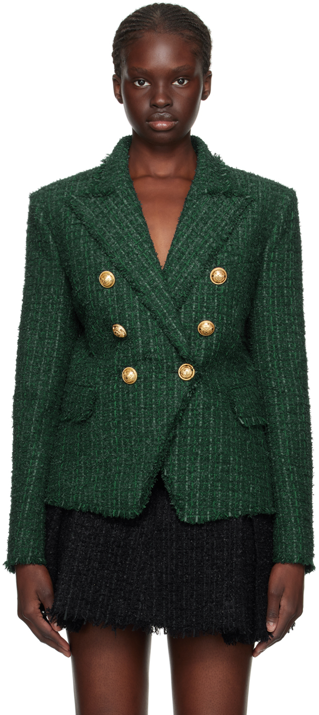 Shop Balmain Green Double-breasted Blazer In 7cx Vert Foncã‰