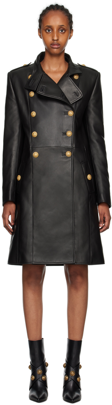 Balmain Black Double-breasted Leather Coat In 0pa Noir