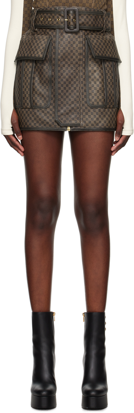 Balmain Brown Monogram Leather Miniskirt In Wfp Marron/marron Fo