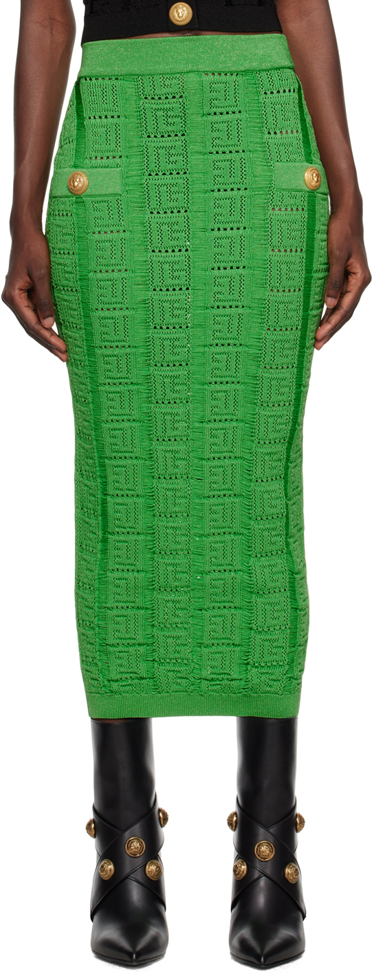 Green Monogram Midi Skirt by Balmain on Sale