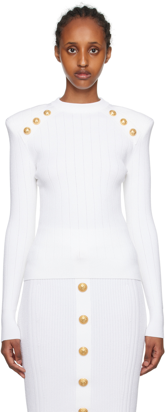 Shop Balmain Off-white 6-button Sweater In 0fa Blanc