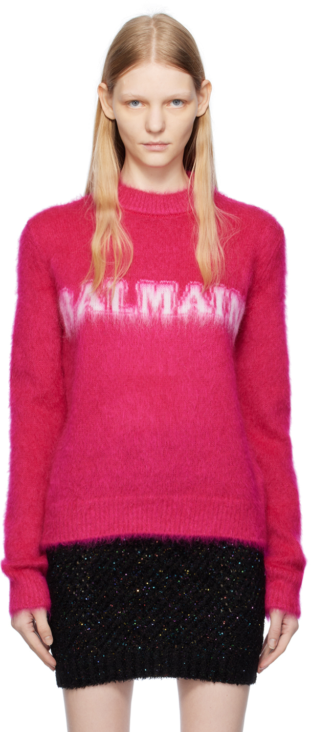 Shop Balmain Pink Jacquard Sweater In Ofv Fuchsia/blanc