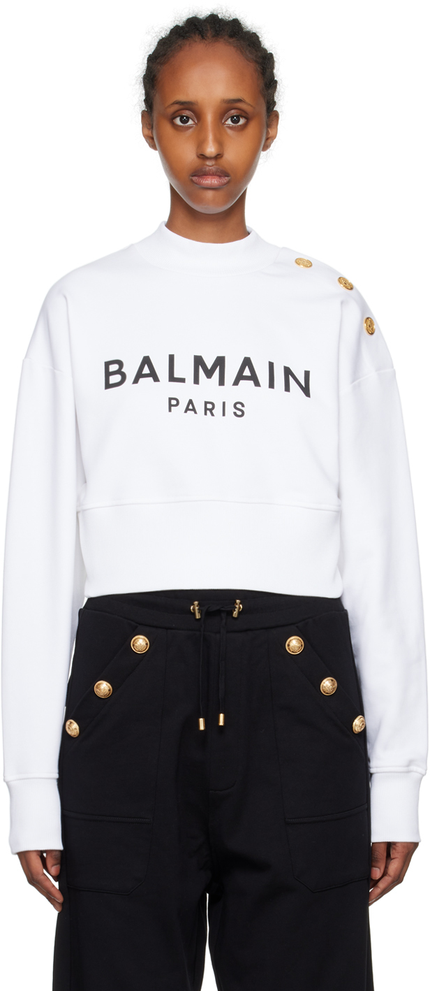 Balmain White Cropped Sweatshirt In Gab Blanc/noir
