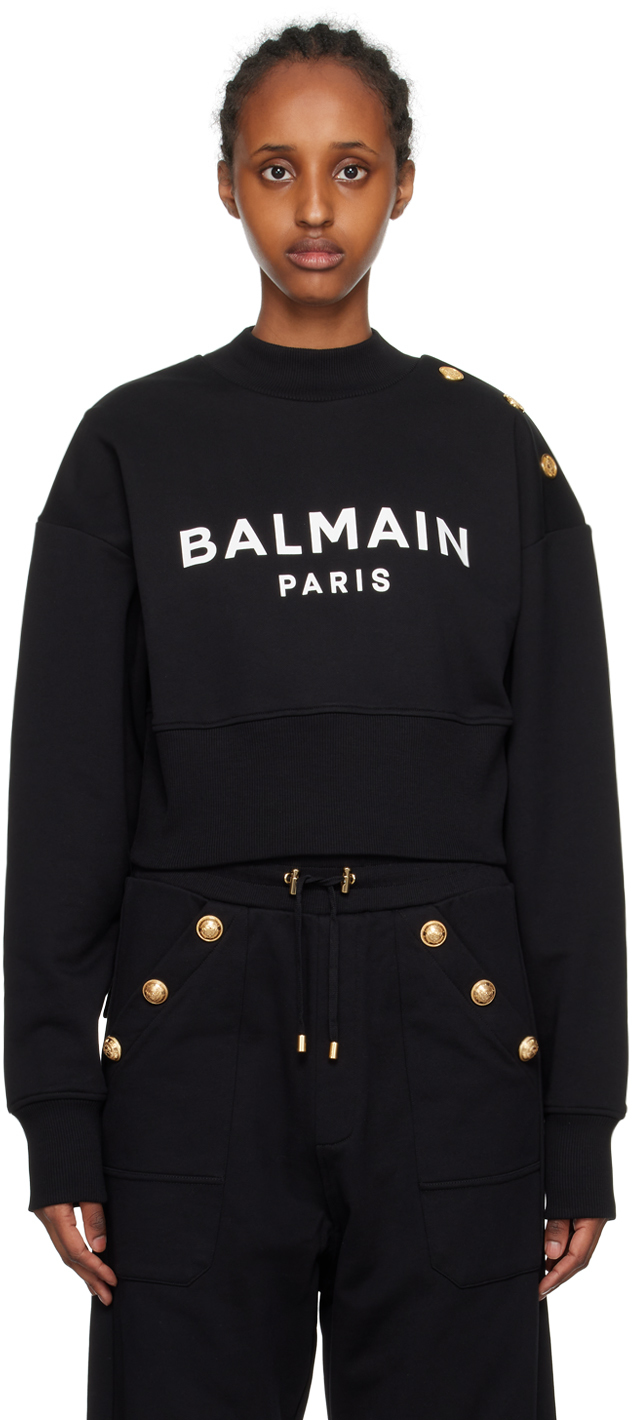 Balmain Black Cropped Sweatshirt In Eab Noir/blanc