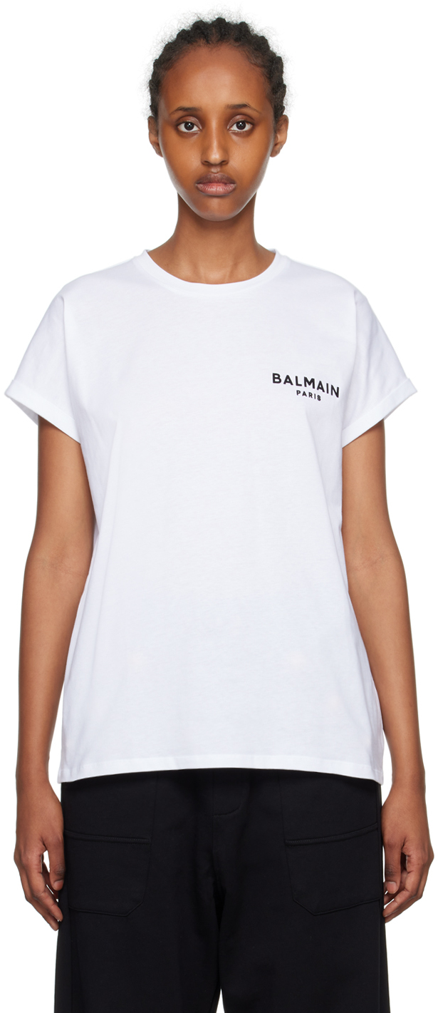 Shop Balmain White Flocked T-shirt In Gab Blanc/noir Gab