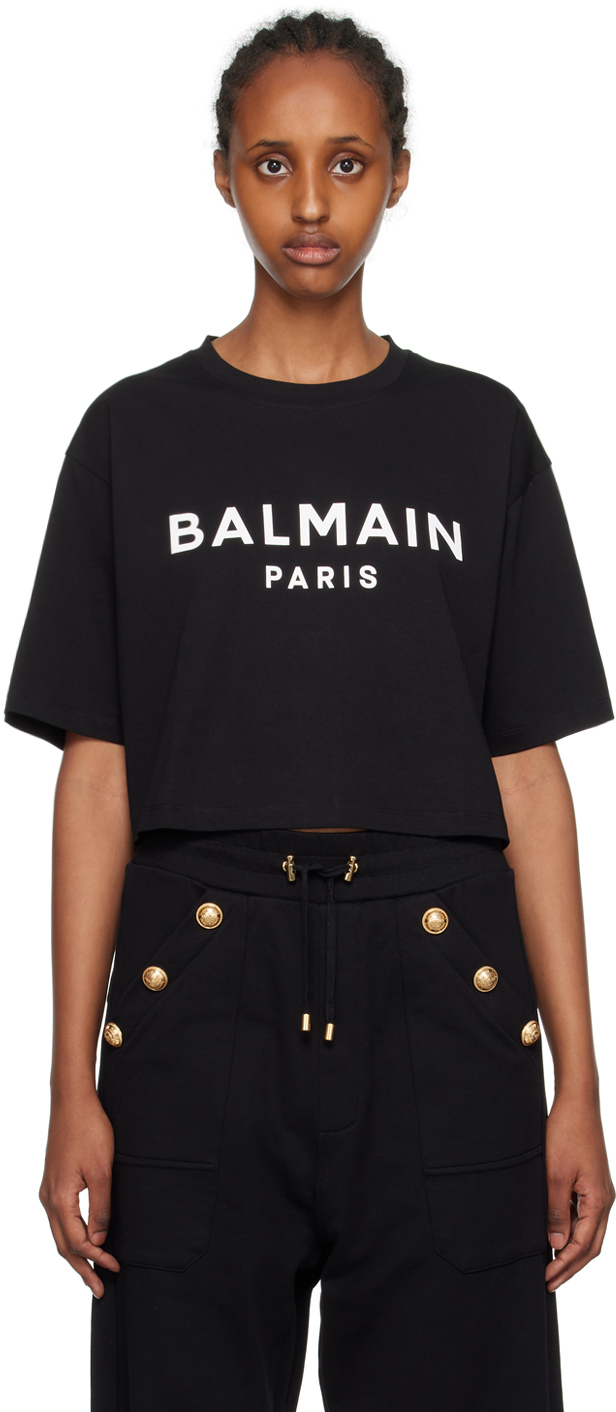 Shop Balmain Black Cropped T-shirt In Eab Noir/blanc