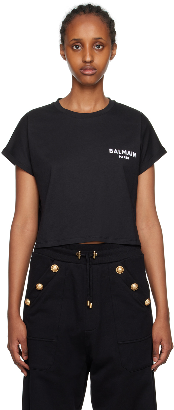 Balmain Black Cropped T-shirt In Eab Noir/blanc