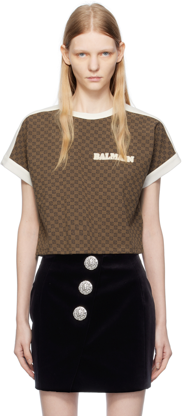 Shop Balmain Brown Mini Monogram T-shirt In Wga Marron/marron Fo