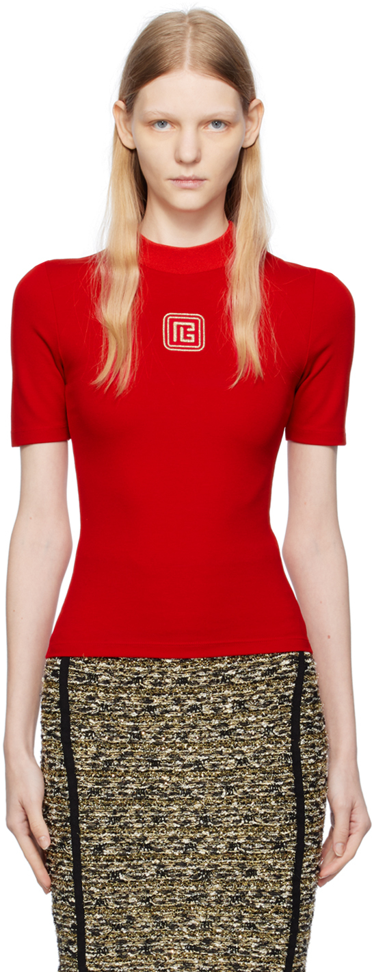 Shop Balmain Red Retro Pb T-shirt In Mbu Rouge/or