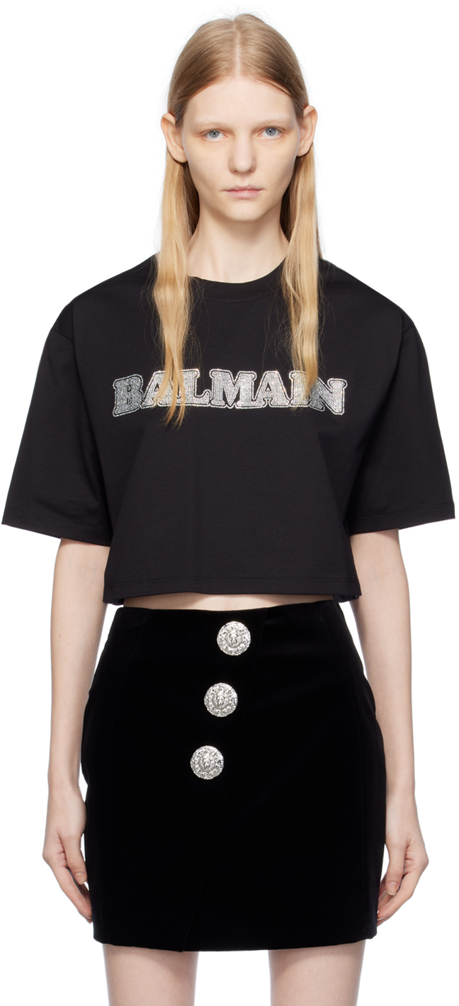 Shop Balmain Black Rhinestone T-shirt In Ehv Noir/cristal