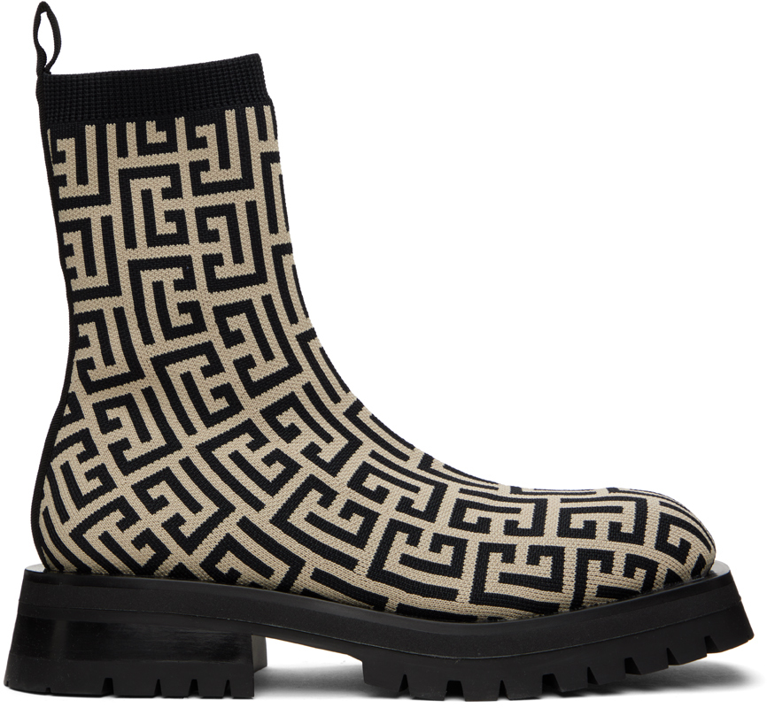 Balmain Monogram-pattern Ankle Boots In Neutrals