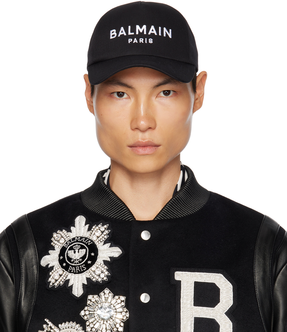 Balmain Black Embroidered Cap In Eab Noir/blanc