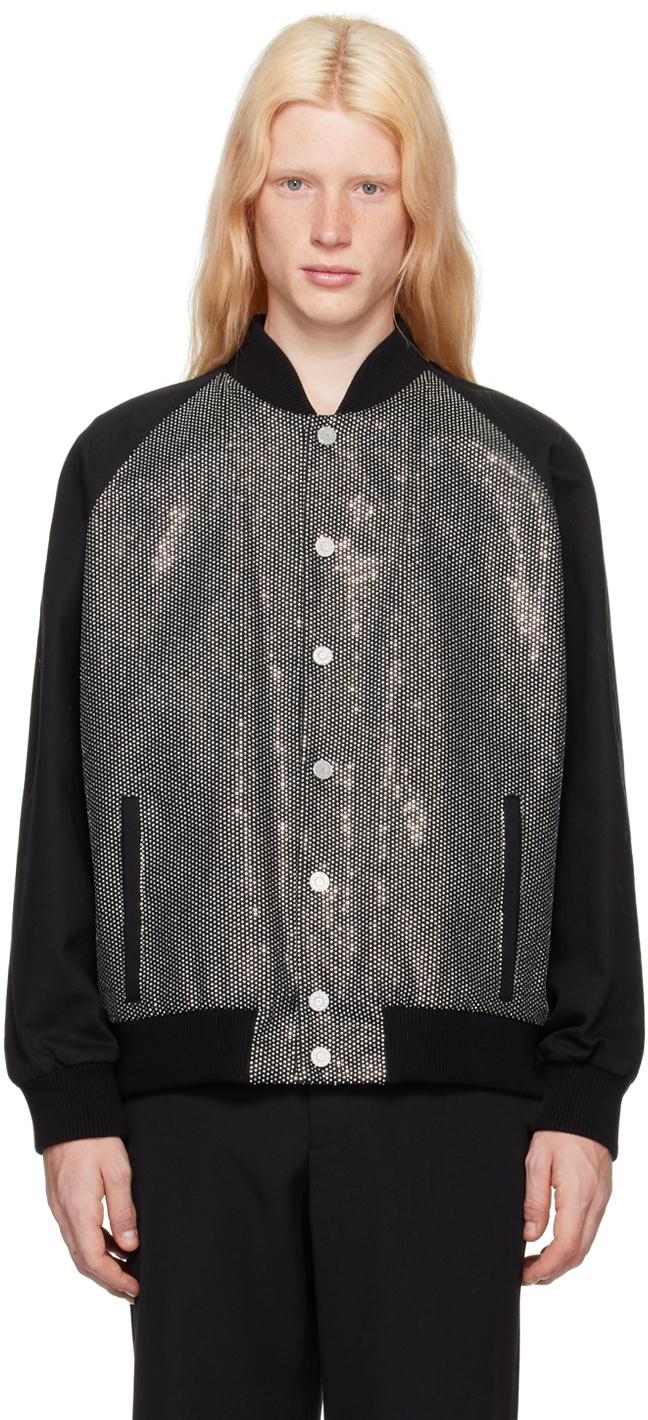 Black Rhinestone Denim Bomber Jacket