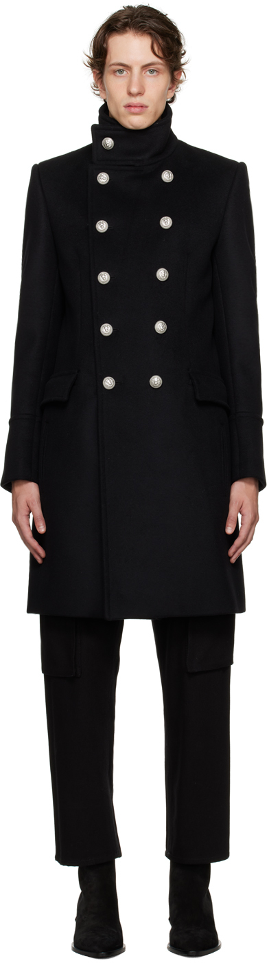 Shop Balmain Black Mid-length Military Coat In 0pa Noir