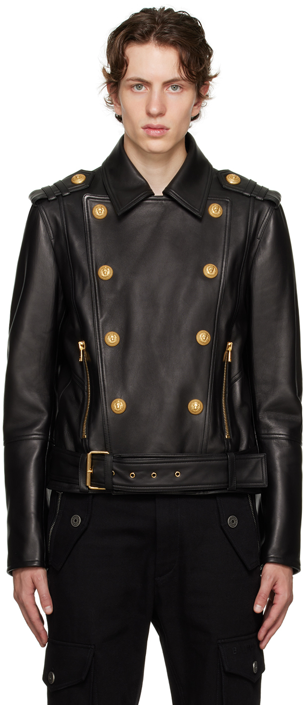 Balmain Men's Monogram Leather Full-Zip Hooded Jacket, Black, Men's, 40R, Coats Jackets & Outerwear Leather Jackets