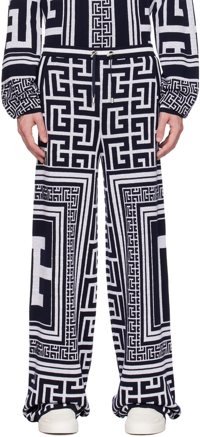 Shop Balmain White & Navy Monogram Sweatpants In Ggd Blanc/bleu Marin
