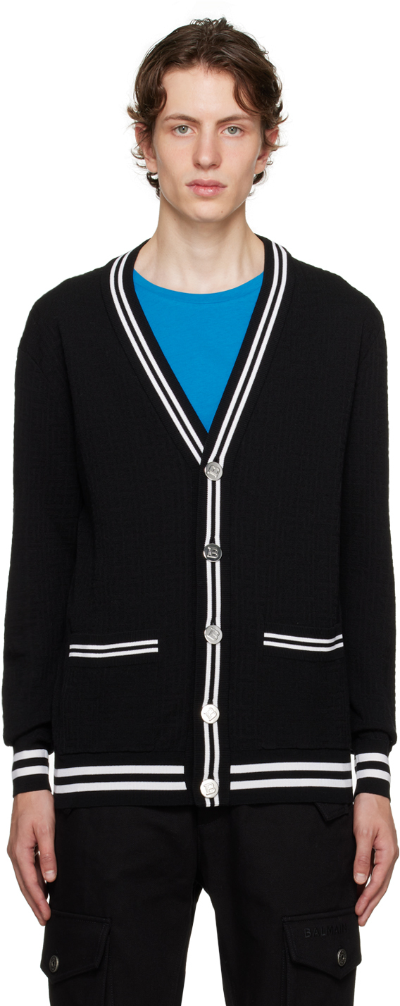 BALMAIN BLACK MONOGRAMMED CARDIGAN