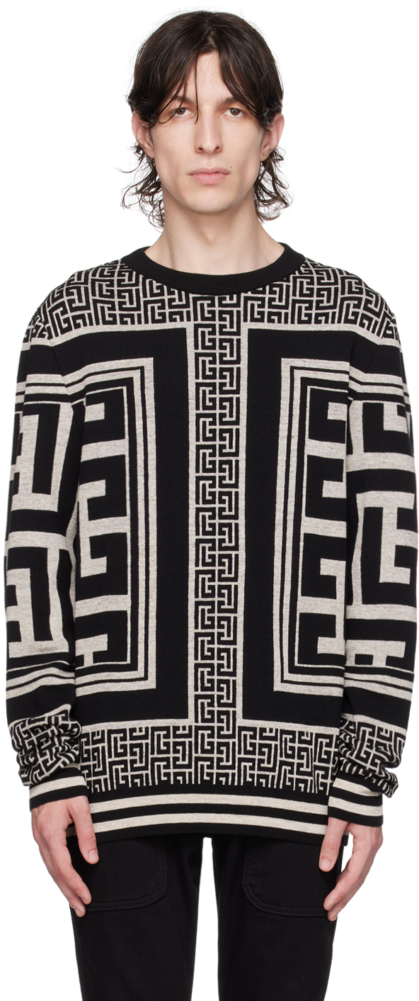 Shop Balmain Black & Off-white Monogram Sweater In Gfe Ivoire/noir