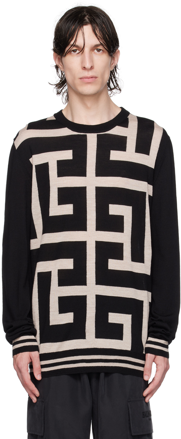 Balmain Black & Beige Monogram Sweater In Gfe Ivoire/noir