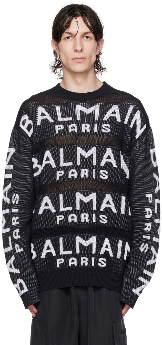 Balmain: Black & White Jacquard Sweater | SSENSE