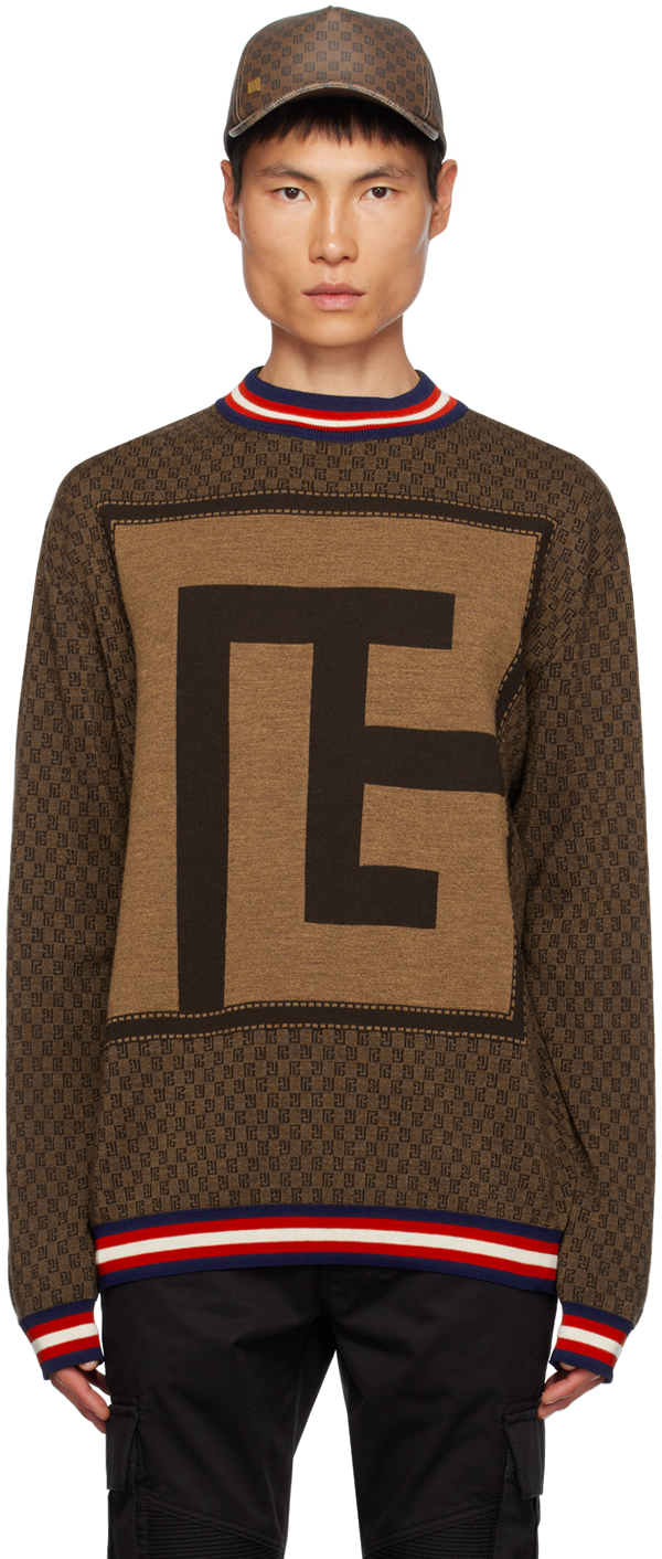 Balmain Monogram Patterned Crewneck Jumper In Wfp Marron/marron Fo