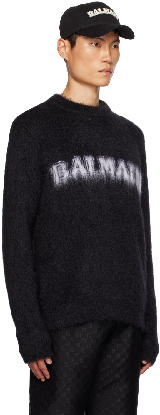 Balmain Black Crewneck Sweater With Maxi Logo Lettering On The Front And Brushed Effect In Wool Blen In Eab Noir/blanc