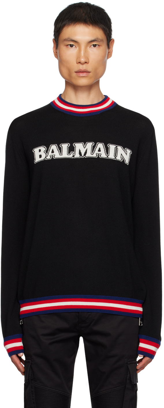 Shop Balmain Black Jacquard Sweater In Eer Noir/naturel