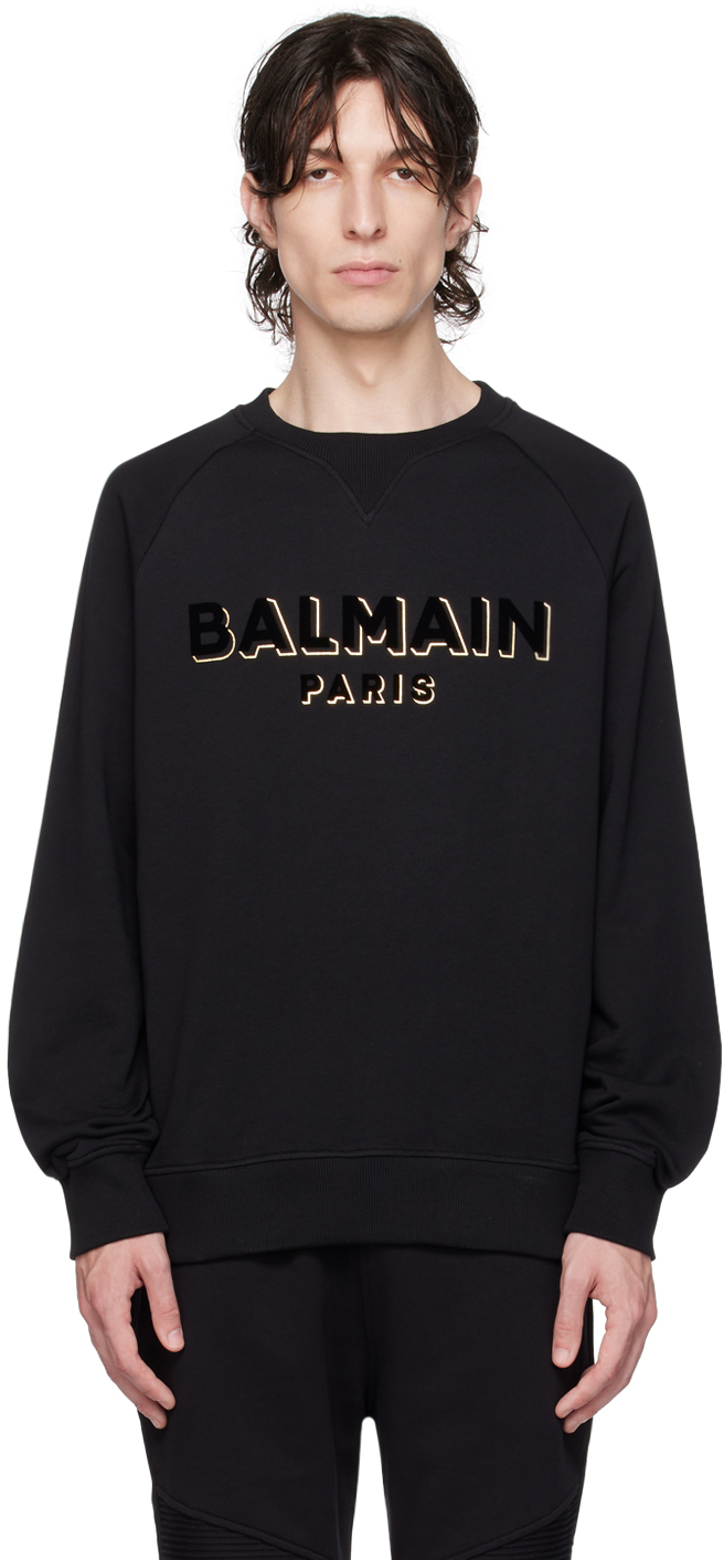 Shop Balmain Black Flocked Sweatshirt In Ego Noir/noir/or